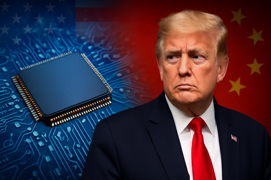 Donald Trump with a stern expression beside a semiconductor chip, symbolizing U.S.–China technology tensions over Trump’s reversal on AI chips.