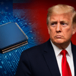 Donald Trump with a stern expression beside a semiconductor chip, symbolizing U.S.–China technology tensions over Trump’s reversal on AI chips.
