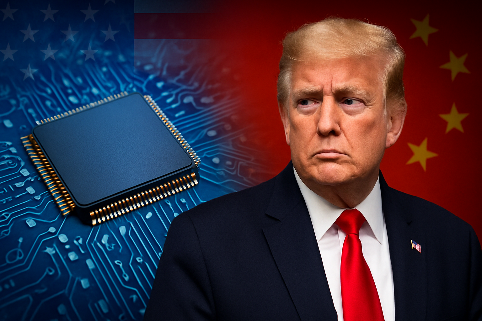 Donald Trump with a stern expression beside a semiconductor chip, symbolizing U.S.–China technology tensions over Trump’s reversal on AI chips.