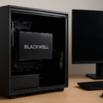 Ultra-powerful AI workstation featuring NVIDIA Blackwell GPU inside a sleek black desktop tower on a modern desk setup.
