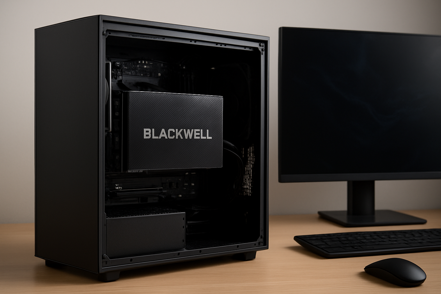 Ultra-powerful AI workstation featuring NVIDIA Blackwell GPU inside a sleek black desktop tower on a modern desk setup.