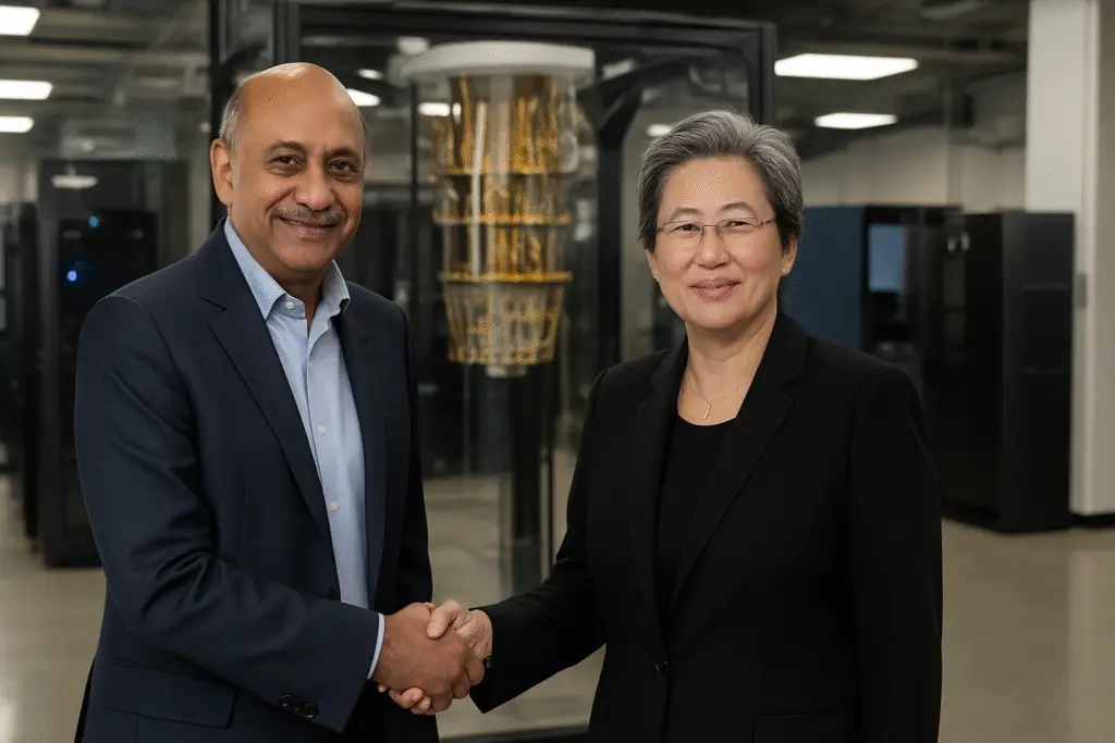 IBM CEO Arvind Krishna and AMD CEO Lisa Su shake hands in front of a quantum computer, symbolizing their collaboration as IBM and AMD join hands for future computing.