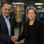 IBM CEO Arvind Krishna and AMD CEO Lisa Su shake hands in front of a quantum computer, symbolizing their collaboration as IBM and AMD join hands for future computing.