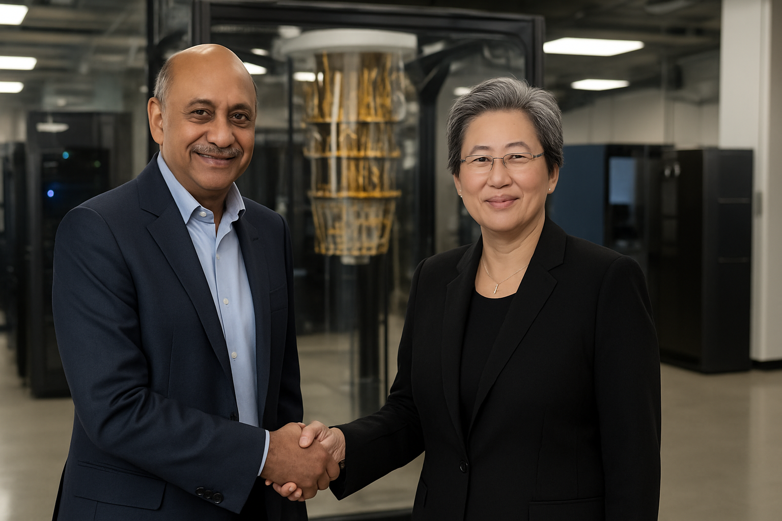 IBM CEO Arvind Krishna and AMD CEO Lisa Su shake hands in front of a quantum computer, symbolizing their collaboration as IBM and AMD join hands for future computing.