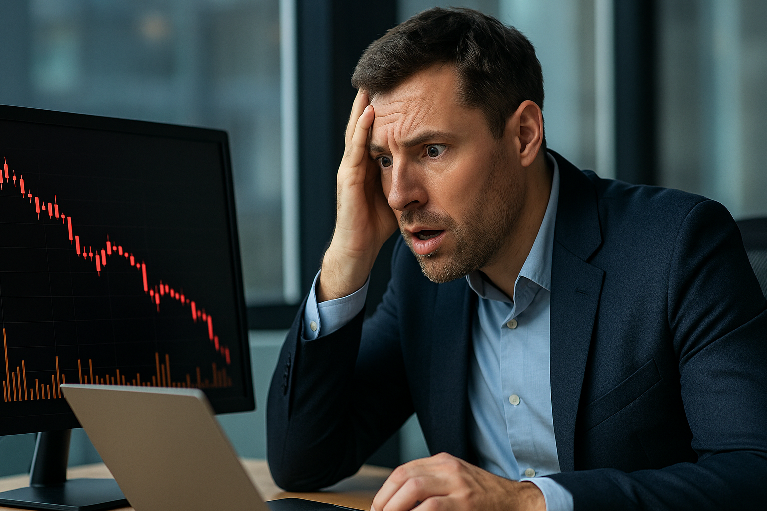 Worried businessman watches stock market crash amid AI disruption fear.
