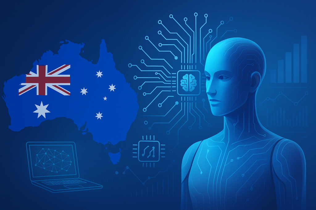 A futuristic AI humanoid figure beside a digital map of Australia, symbolizing the AI revolution in Australia.