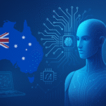 A futuristic AI humanoid figure beside a digital map of Australia, symbolizing the AI revolution in Australia.