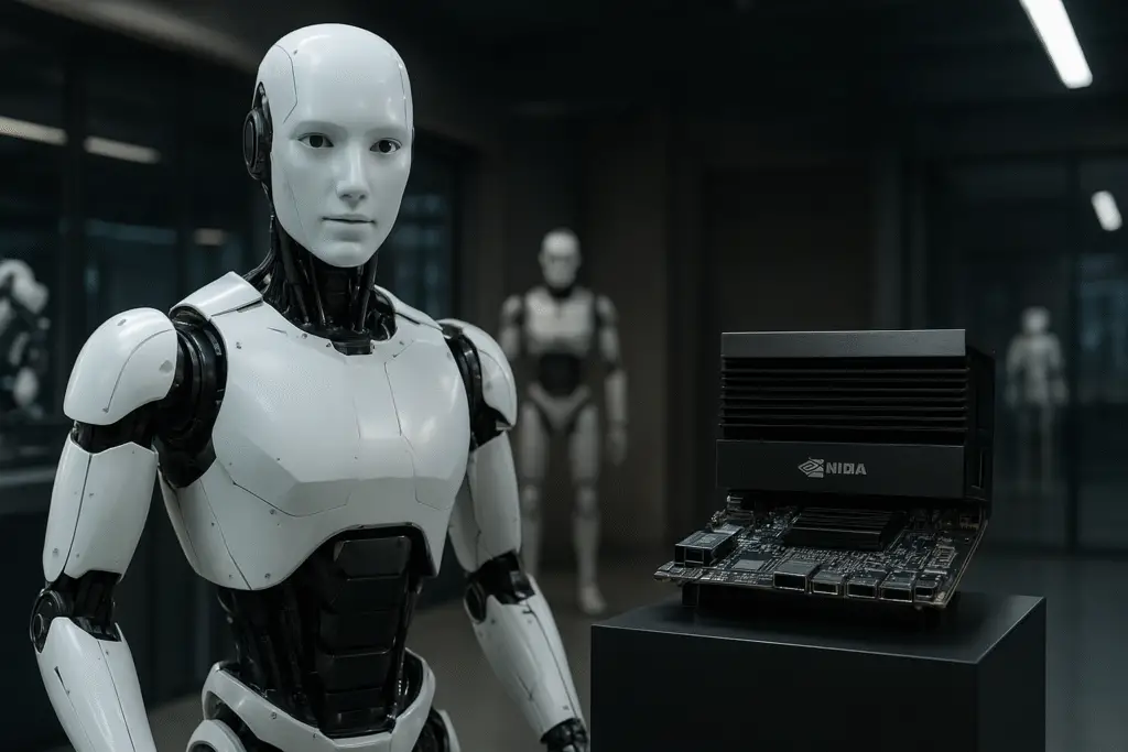 Humanoid robot standing beside Nvidia Jetson Thor Robotics Platform hardware kit inside a modern robotics lab.