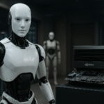 Humanoid robot standing beside Nvidia Jetson Thor Robotics Platform hardware kit inside a modern robotics lab.