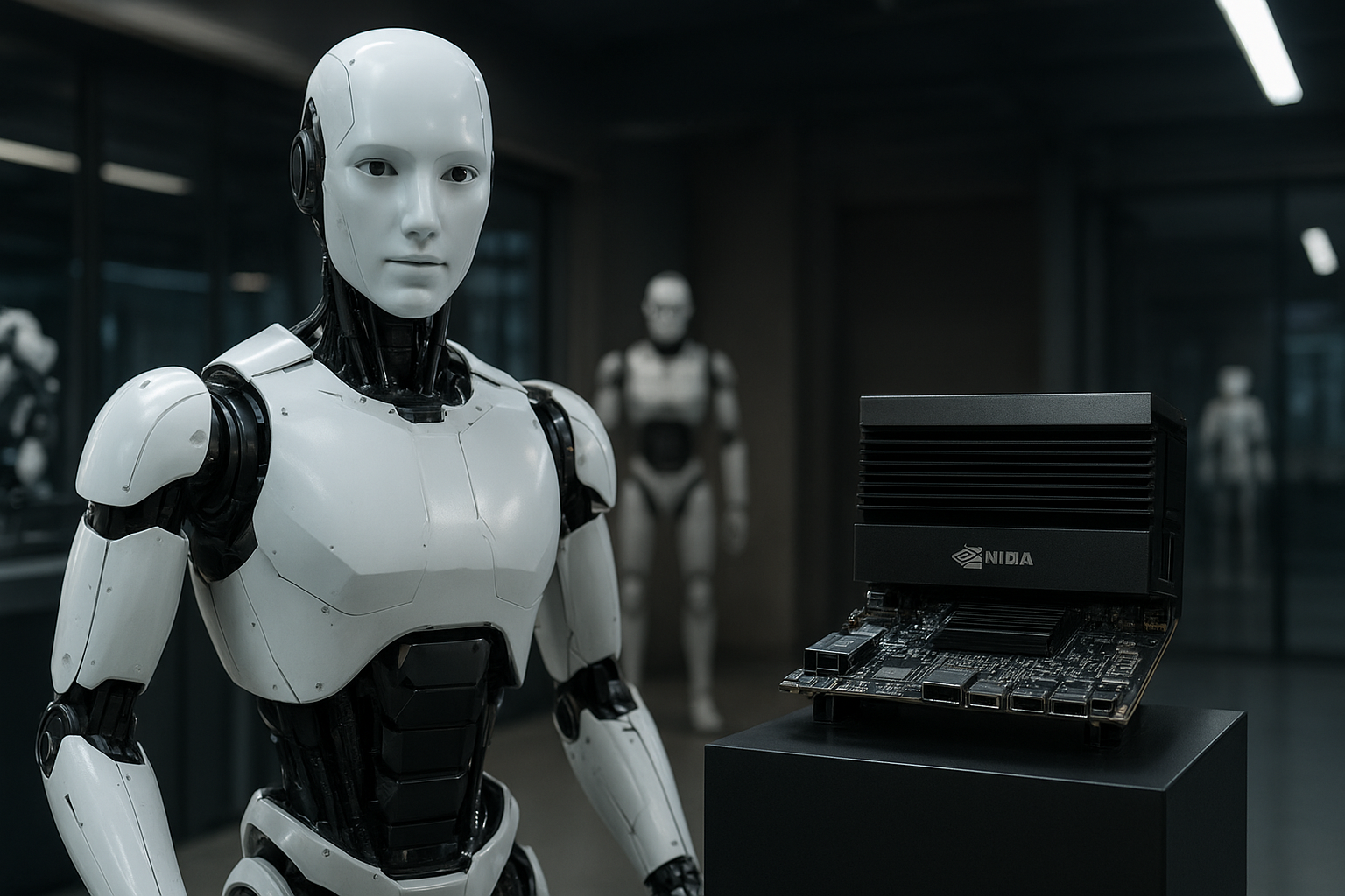 Humanoid robot standing beside Nvidia Jetson Thor Robotics Platform hardware kit inside a modern robotics lab.
