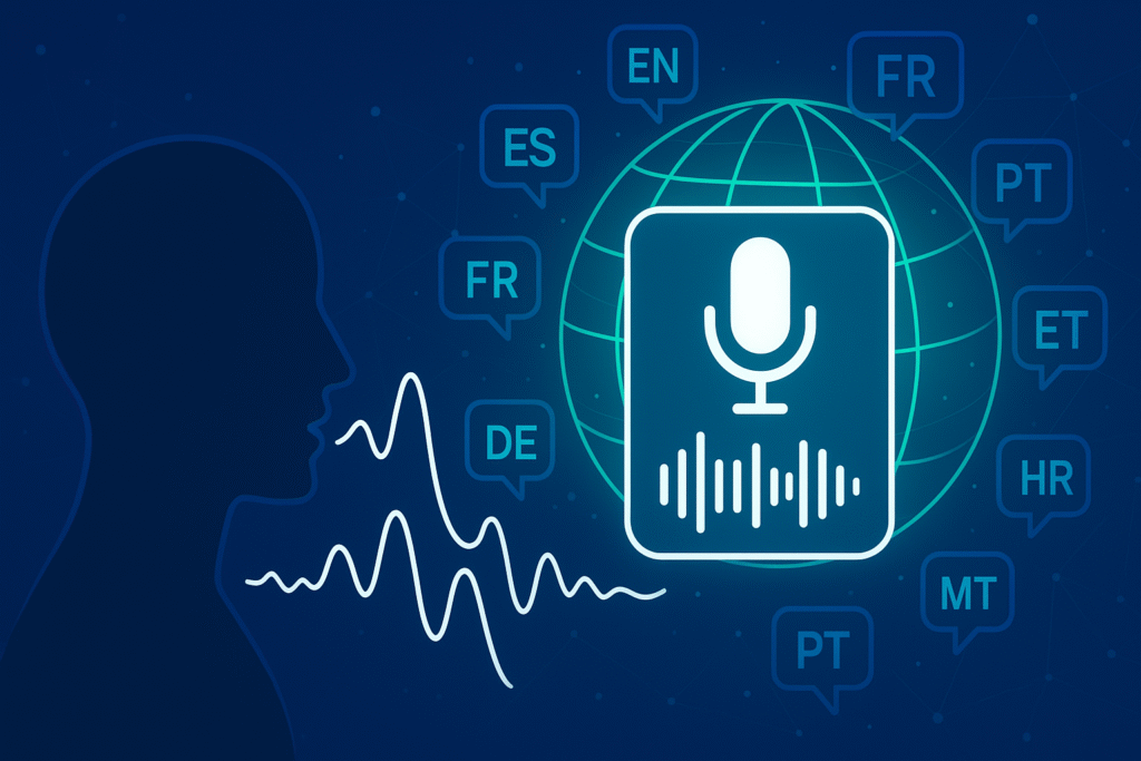 Illustration of multilingual speech AI technology with human voice waves, a glowing globe, and speech recognition icons for various European languages.