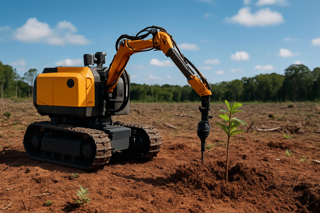 An AI-powered agricultural robot planting a young tree seedling in Brazil, showcasing how Brazil tree-planting robots restore forests efficiently.