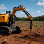 An AI-powered agricultural robot planting a young tree seedling in Brazil, showcasing how Brazil tree-planting robots restore forests efficiently.