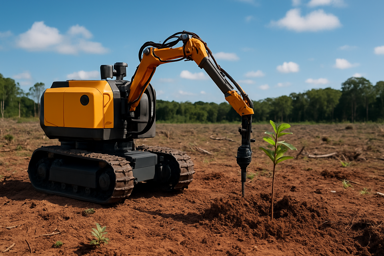 An AI-powered agricultural robot planting a young tree seedling in Brazil, showcasing how Brazil tree-planting robots restore forests efficiently.