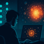 A researcher analyzing plasma data on a laptop with neural network visuals in the background, representing AI in physics discovery.