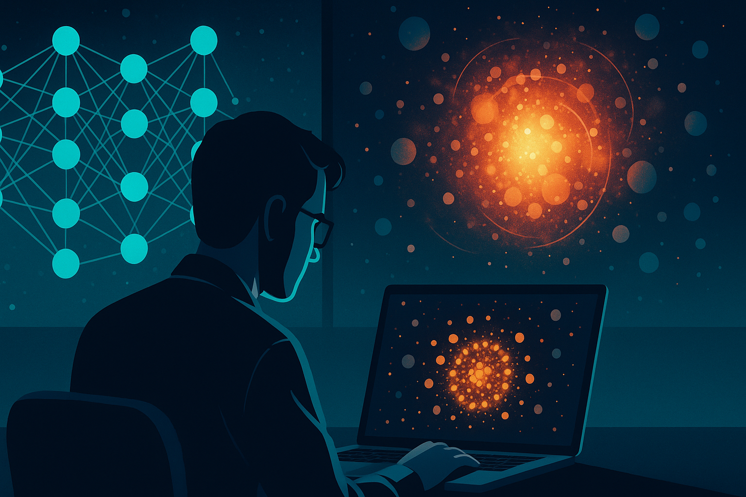 A researcher analyzing plasma data on a laptop with neural network visuals in the background, representing AI in physics discovery.