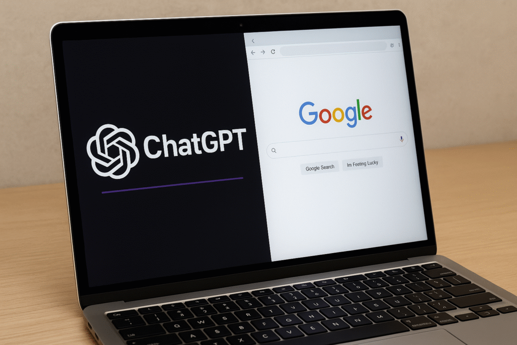 Laptop displaying ChatGPT and Google search interface, highlighting ChatGPT Google indexing issue.