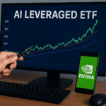 A financial trader analyzes Nvidia stock performance on a monitor showing rising charts linked to the AI leveraged ETF market.