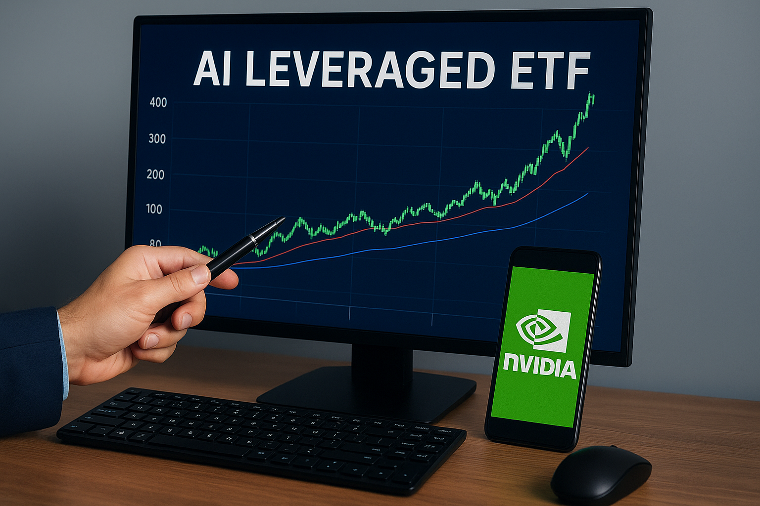 A financial trader analyzes Nvidia stock performance on a monitor showing rising charts linked to the AI leveraged ETF market.