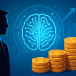 Businessman silhouette observing a glowing AI brain with gold coins symbolizing profit, representing who profits from the AI boom.