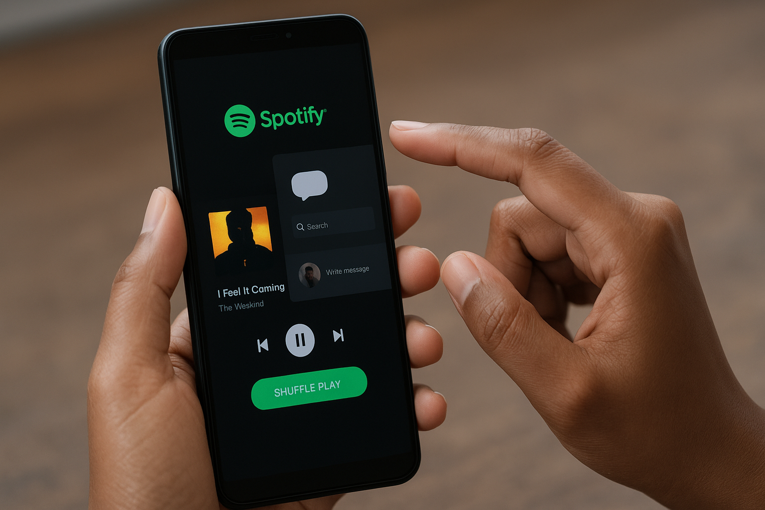 A person using the Spotify mobile app with the new direct messaging feature to share music.