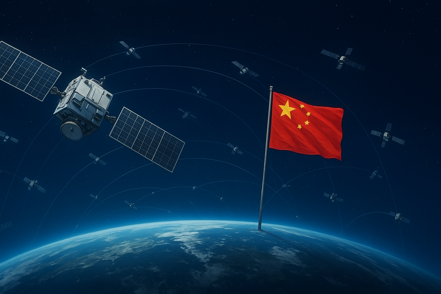 China’s Guowang megaconstellation satellites orbiting Earth with Chinese flag in space.