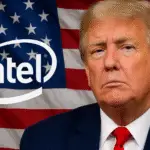 Donald Trump with U.S. flag and Intel logo symbolizing Trump’s tech deals and government stake in American chipmaking