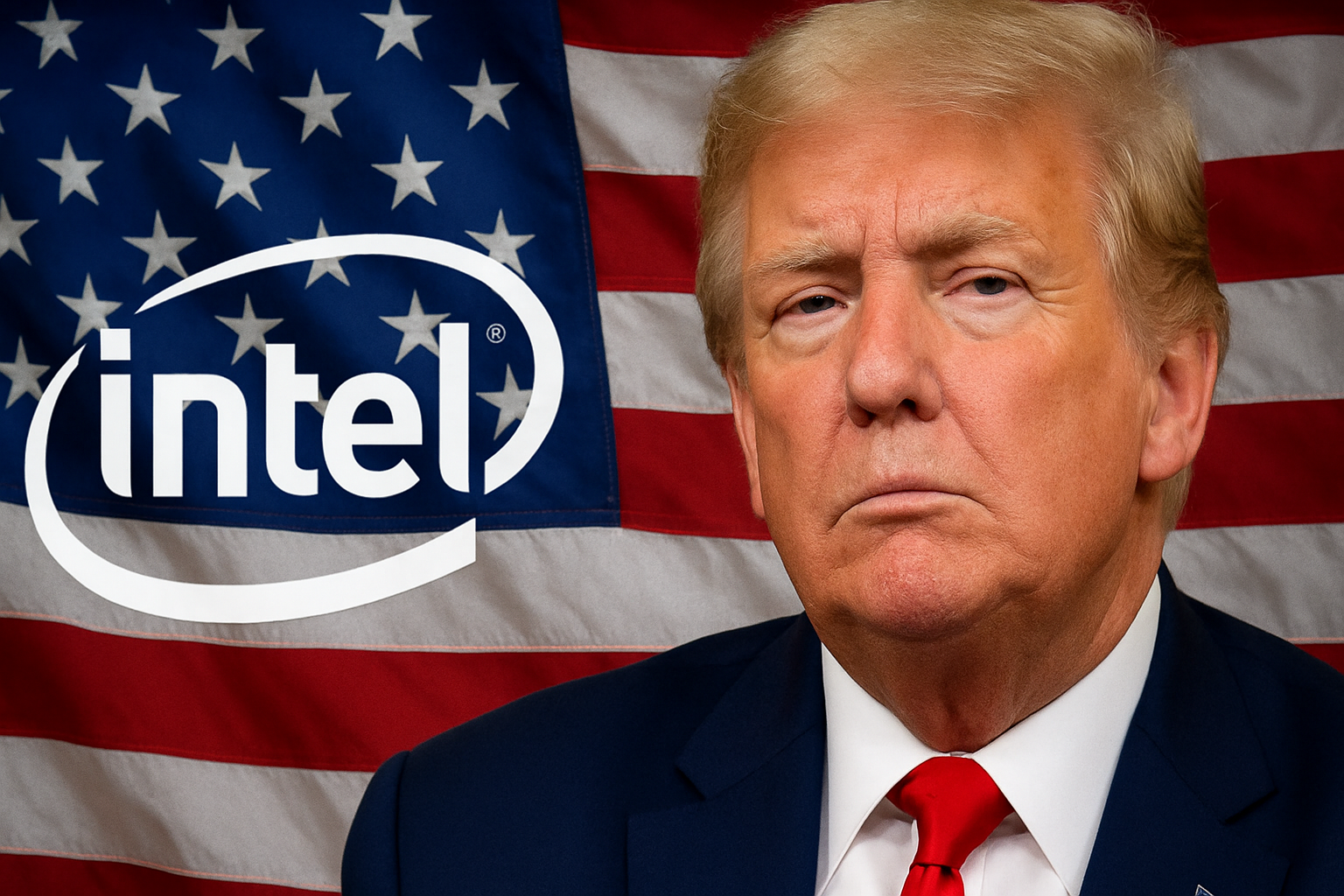 Donald Trump with U.S. flag and Intel logo symbolizing Trump’s tech deals and government stake in American chipmaking