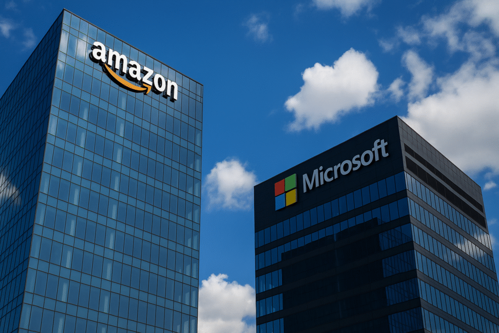 Office towers of Amazon and Microsoft under a bright blue sky, symbolizing dominance in the cloud monopoly market.