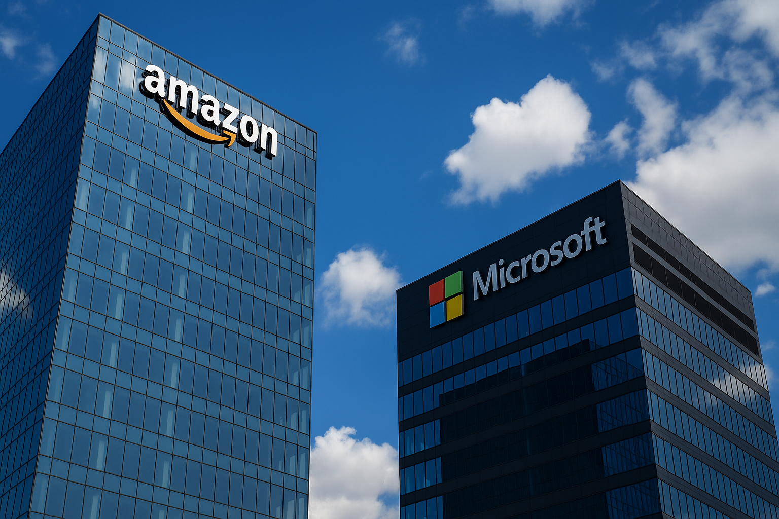 Office towers of Amazon and Microsoft under a bright blue sky, symbolizing dominance in the cloud monopoly market.
