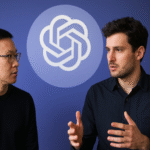 Two OpenAI researchers in deep discussion, standing before the OpenAI logo, representing OpenAI’s largest ambitions in AGI development.