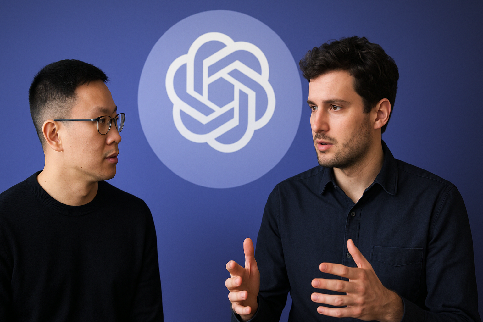 Two OpenAI researchers in deep discussion, standing before the OpenAI logo, representing OpenAI’s largest ambitions in AGI development.