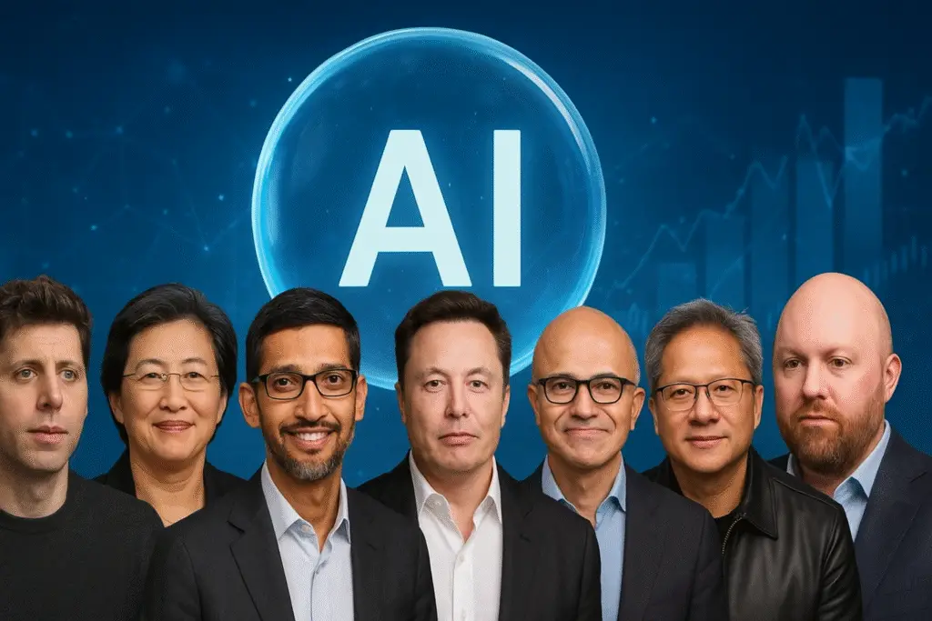Seven business leaders including Sam Altman, Lisa Su, Sundar Pichai, Elon Musk, Satya Nadella, Jensen Huang, and Marc Andreessen discussing the AI bubble debate against a digital tech backdrop.