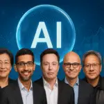 Seven business leaders including Sam Altman, Lisa Su, Sundar Pichai, Elon Musk, Satya Nadella, Jensen Huang, and Marc Andreessen discussing the AI bubble debate against a digital tech backdrop.