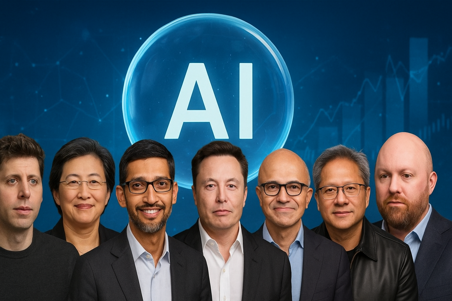Seven business leaders including Sam Altman, Lisa Su, Sundar Pichai, Elon Musk, Satya Nadella, Jensen Huang, and Marc Andreessen discussing the AI bubble debate against a digital tech backdrop.