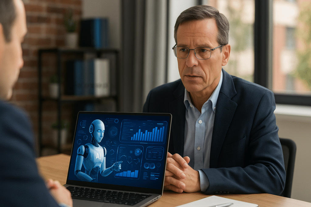 Personal financial advisor using AI tools on a laptop, illustrating AI replacing advisors debate