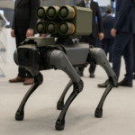 A missile firing robot dog showcased at a defense exhibition in Türkiye, equipped with guided missiles and standing on four mechanical legs.
