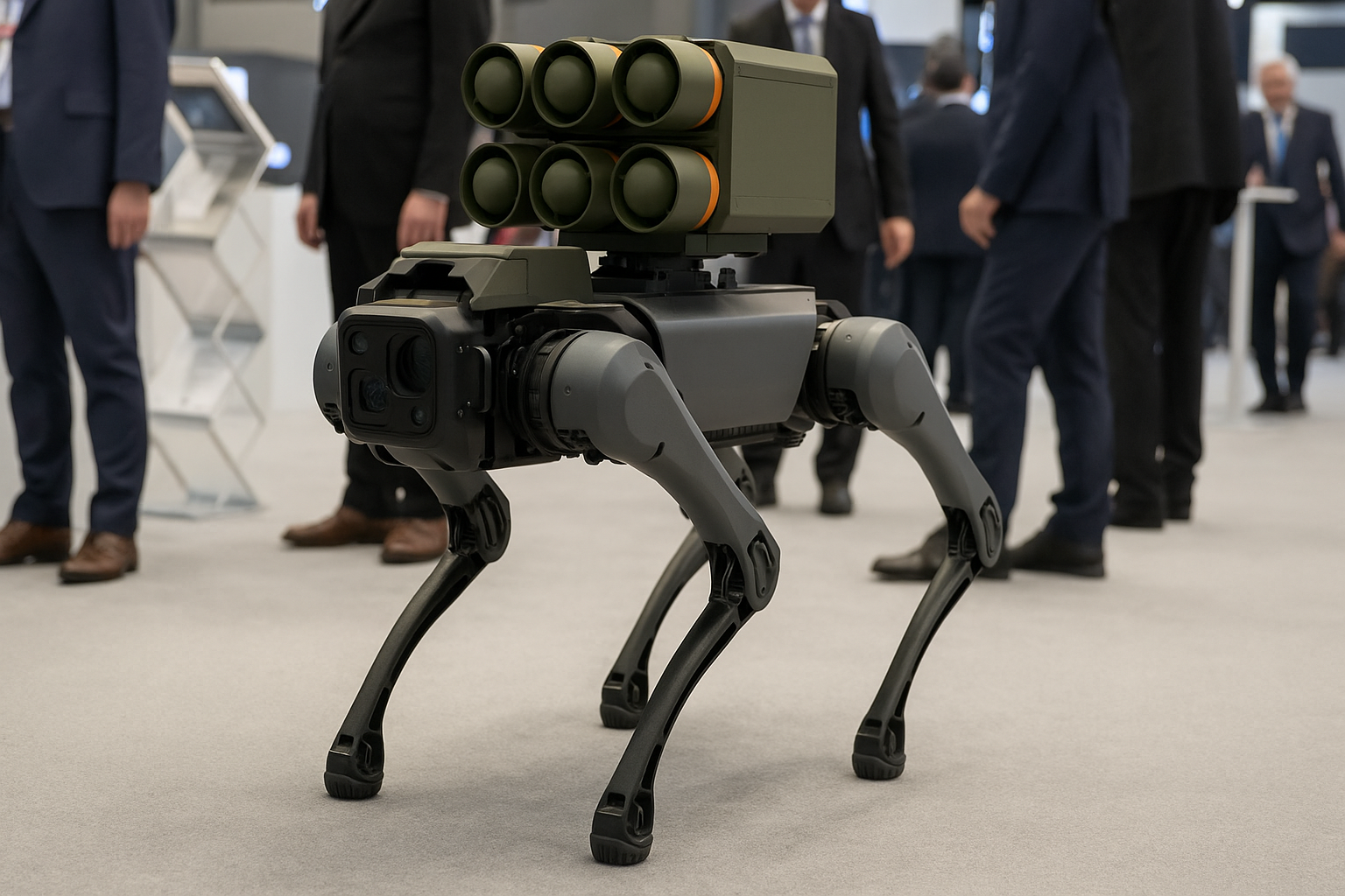 A missile firing robot dog showcased at a defense exhibition in Türkiye, equipped with guided missiles and standing on four mechanical legs.