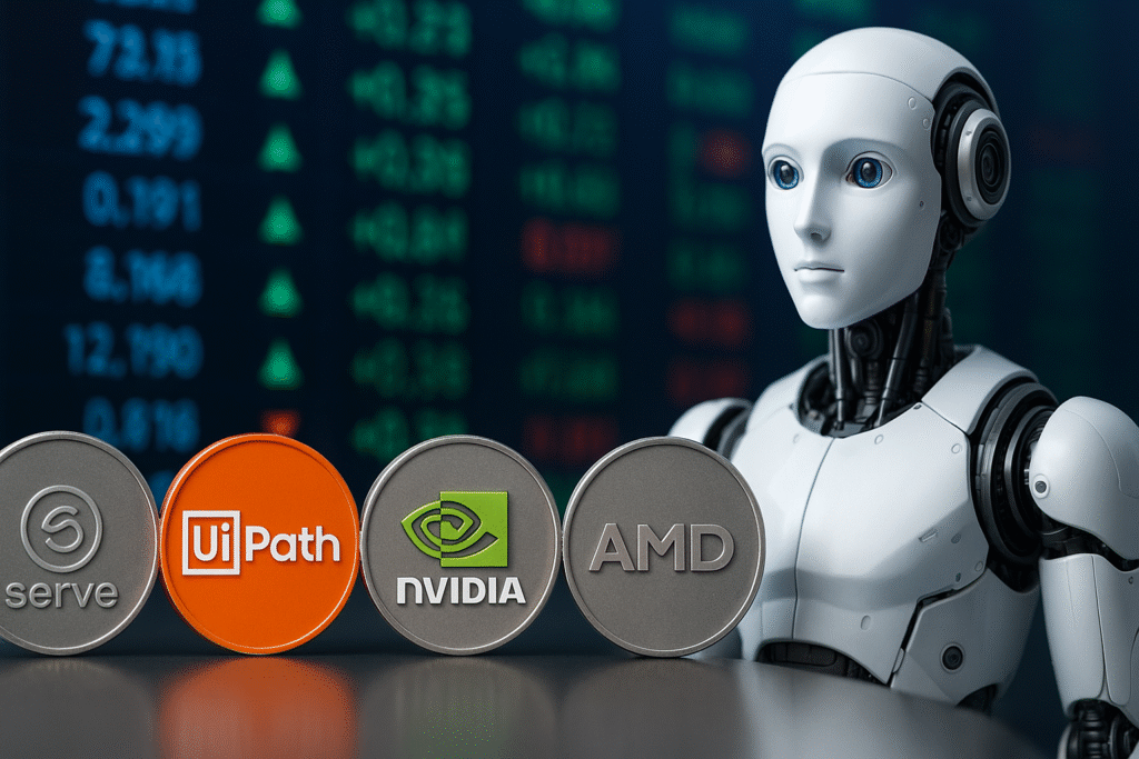A humanoid robot stands beside digital tokens representing UiPath, NVIDIA, AMD, and Serve Robotics, with a stock market display in the background — showcasing the best robotics stocks to buy 2025.