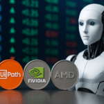A humanoid robot stands beside digital tokens representing UiPath, NVIDIA, AMD, and Serve Robotics, with a stock market display in the background — showcasing the best robotics stocks to buy 2025.