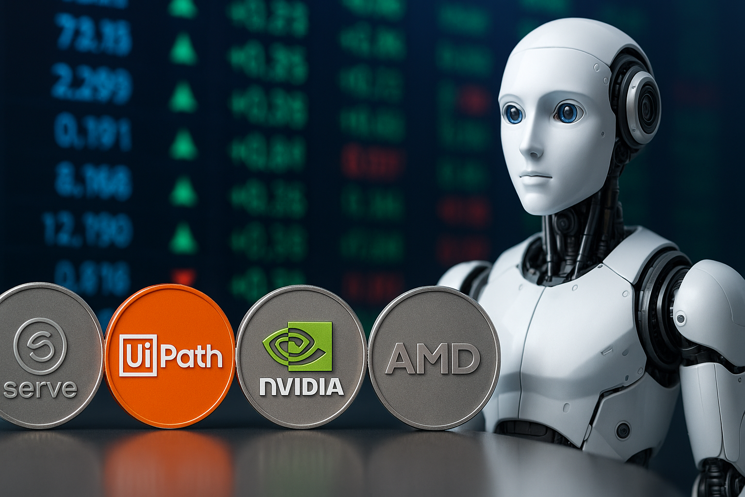 A humanoid robot stands beside digital tokens representing UiPath, NVIDIA, AMD, and Serve Robotics, with a stock market display in the background — showcasing the best robotics stocks to buy 2025.