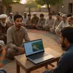 A traditional Balochistan jirga gathered outdoors using a laptop for AI-assisted tribal dispute resolution.