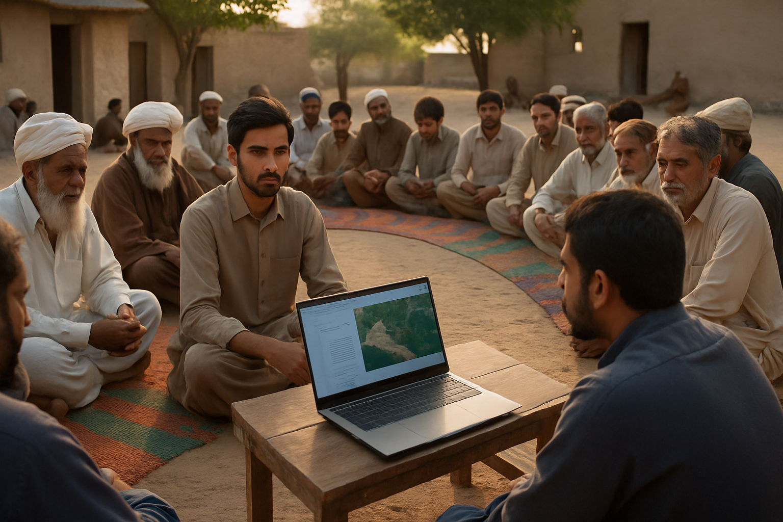 A traditional Balochistan jirga gathered outdoors using a laptop for AI-assisted tribal dispute resolution.