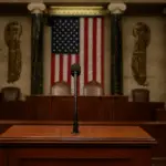 A view inside the U.S. Congress chamber with a podium and American flag, symbolizing the call for a public AI wealth fund.