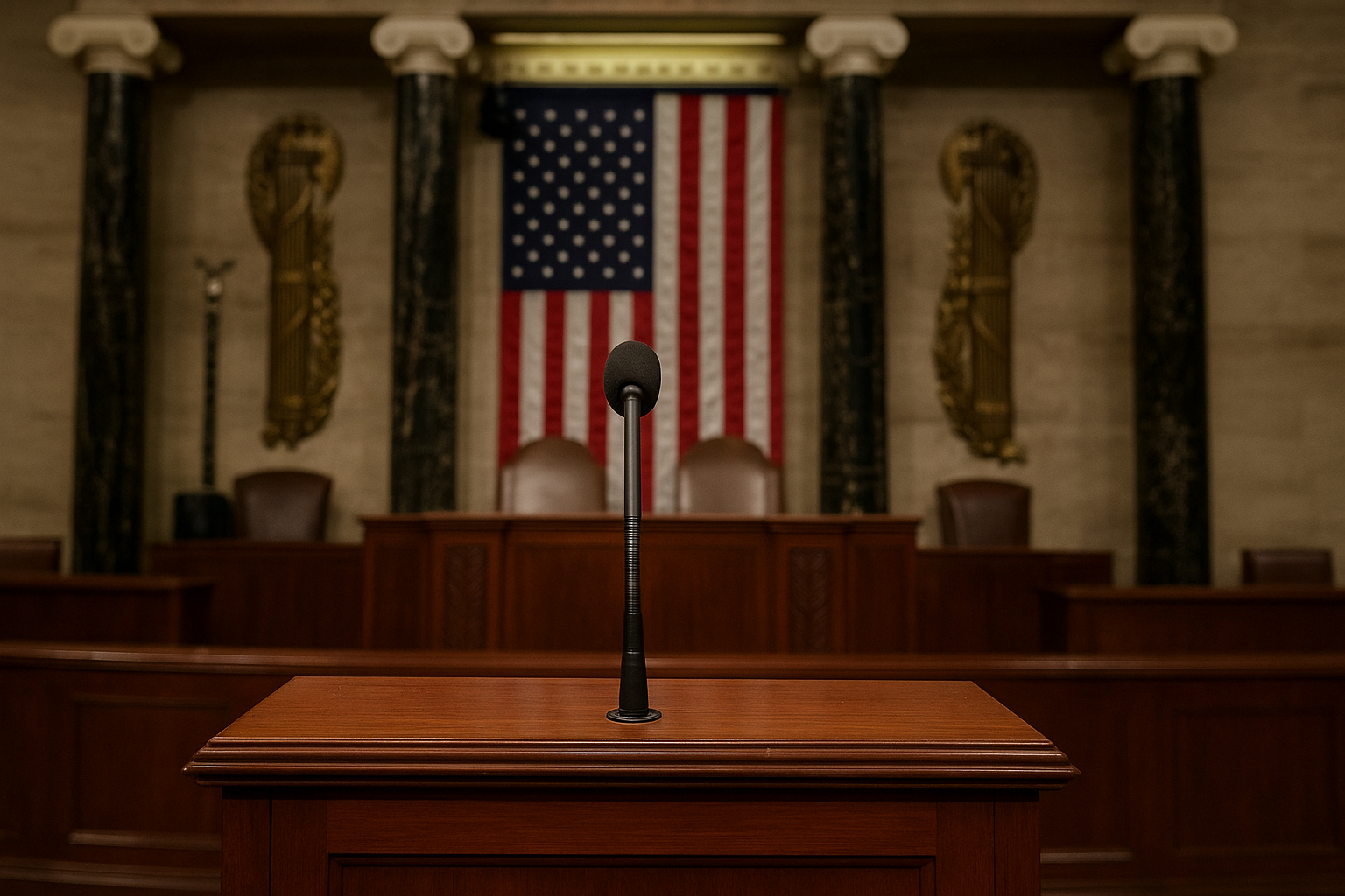 A view inside the U.S. Congress chamber with a podium and American flag, symbolizing the call for a public AI wealth fund.