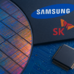 Close-up of semiconductor wafer and microchip with Samsung and SK Hynix logos, symbolizing impact of US chip waiver revocation.