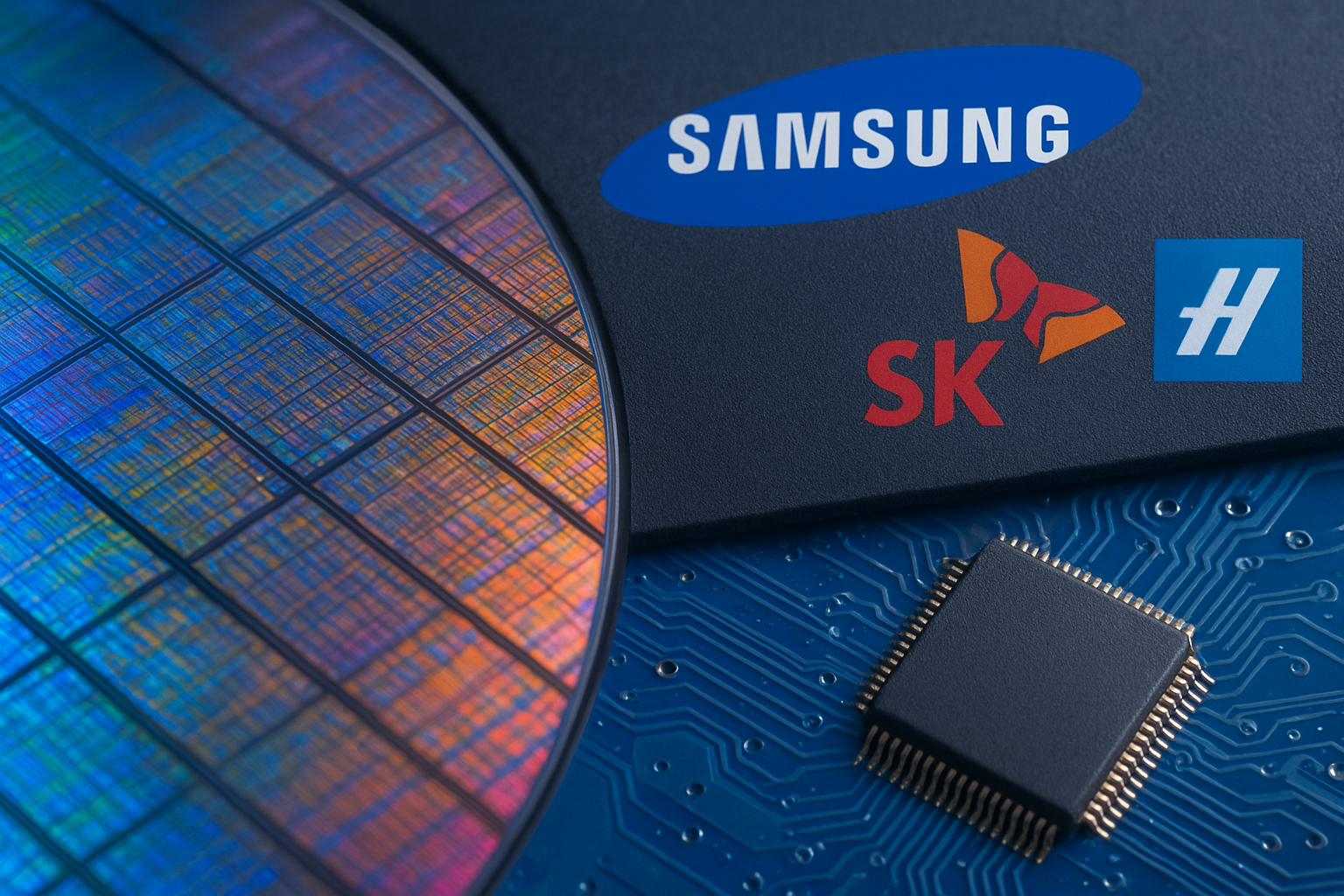 Close-up of semiconductor wafer and microchip with Samsung and SK Hynix logos, symbolizing impact of US chip waiver revocation.