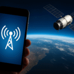 A smartphone displaying a signal icon with a satellite orbiting above Earth, symbolizing the EchoStar satellite network’s satellite-to-phone technology.
