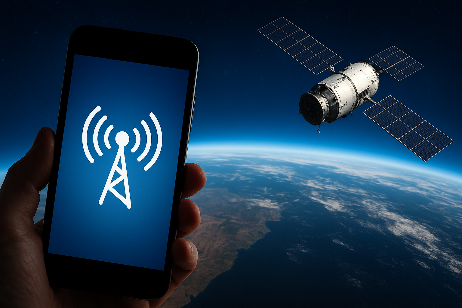 A smartphone displaying a signal icon with a satellite orbiting above Earth, symbolizing the EchoStar satellite network’s satellite-to-phone technology.