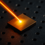 Close-up image of a laser accelerator chip hit by an orange laser beam on a dark perforated surface.